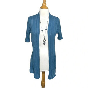 Chicos Cardigan Size 1 Blue Linen Cotton Ribbed Short Sleeve Open Front Sweater